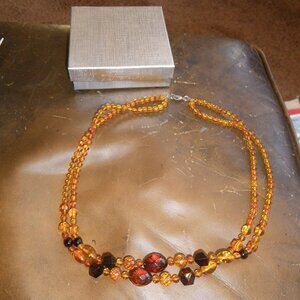 Vintage Long Amber Beaded Double Stranded Statement Necklace